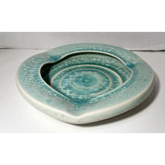 Art Pottery Teal Blue Crystalline Glaze Ash Tray Trinket Bowl 9" - Picture 3 of 5